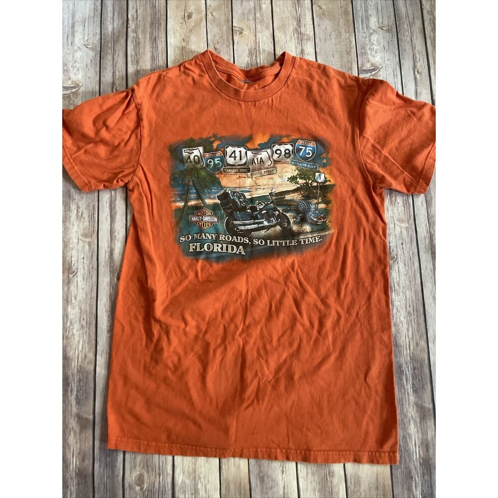 Harley Davidson T Shirt Mens Regular Fit Large Orange Green Gainesville Florida